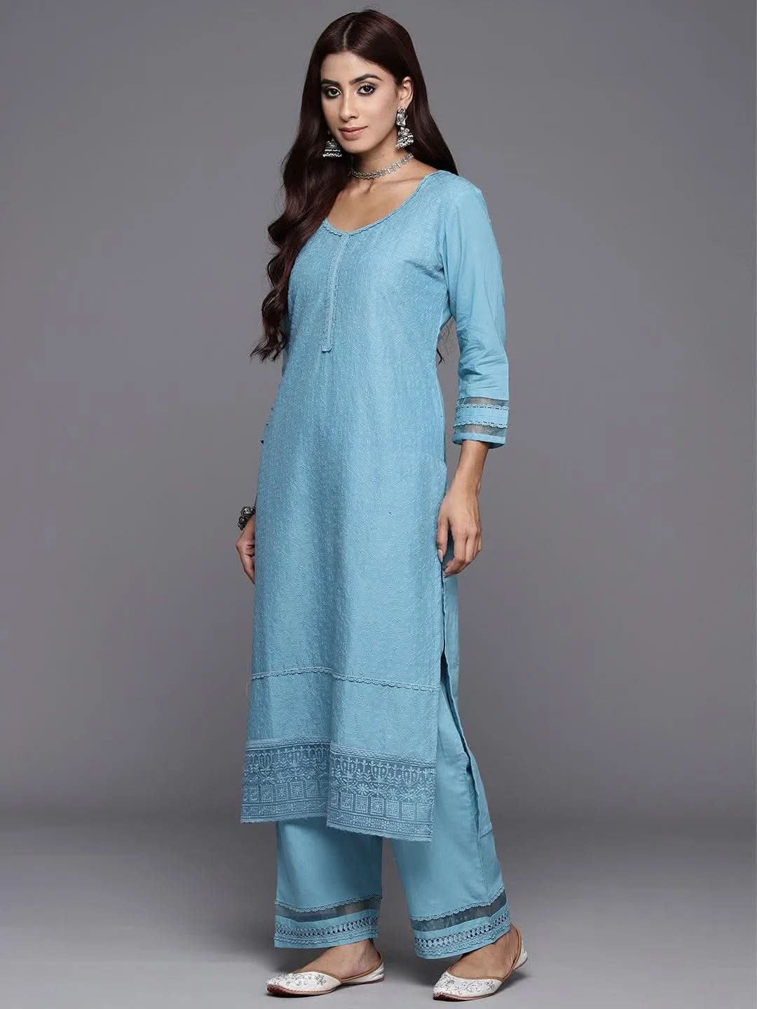 Blue Embroidered Cotton Straight Kurta With Trousers & Dupatta - Libas