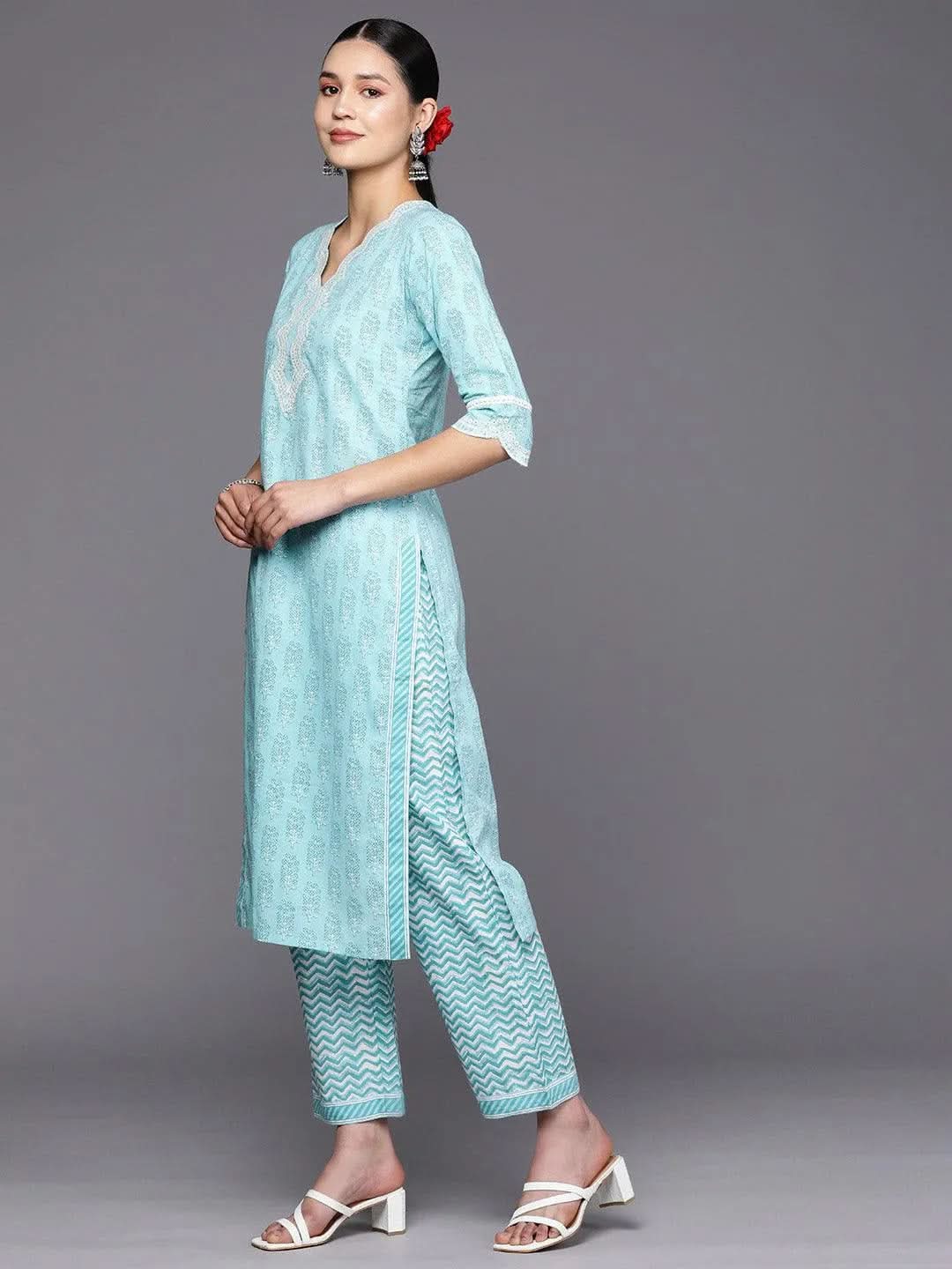 Blue Embroidered Cotton Straight Suit Set With Trousers - Libas