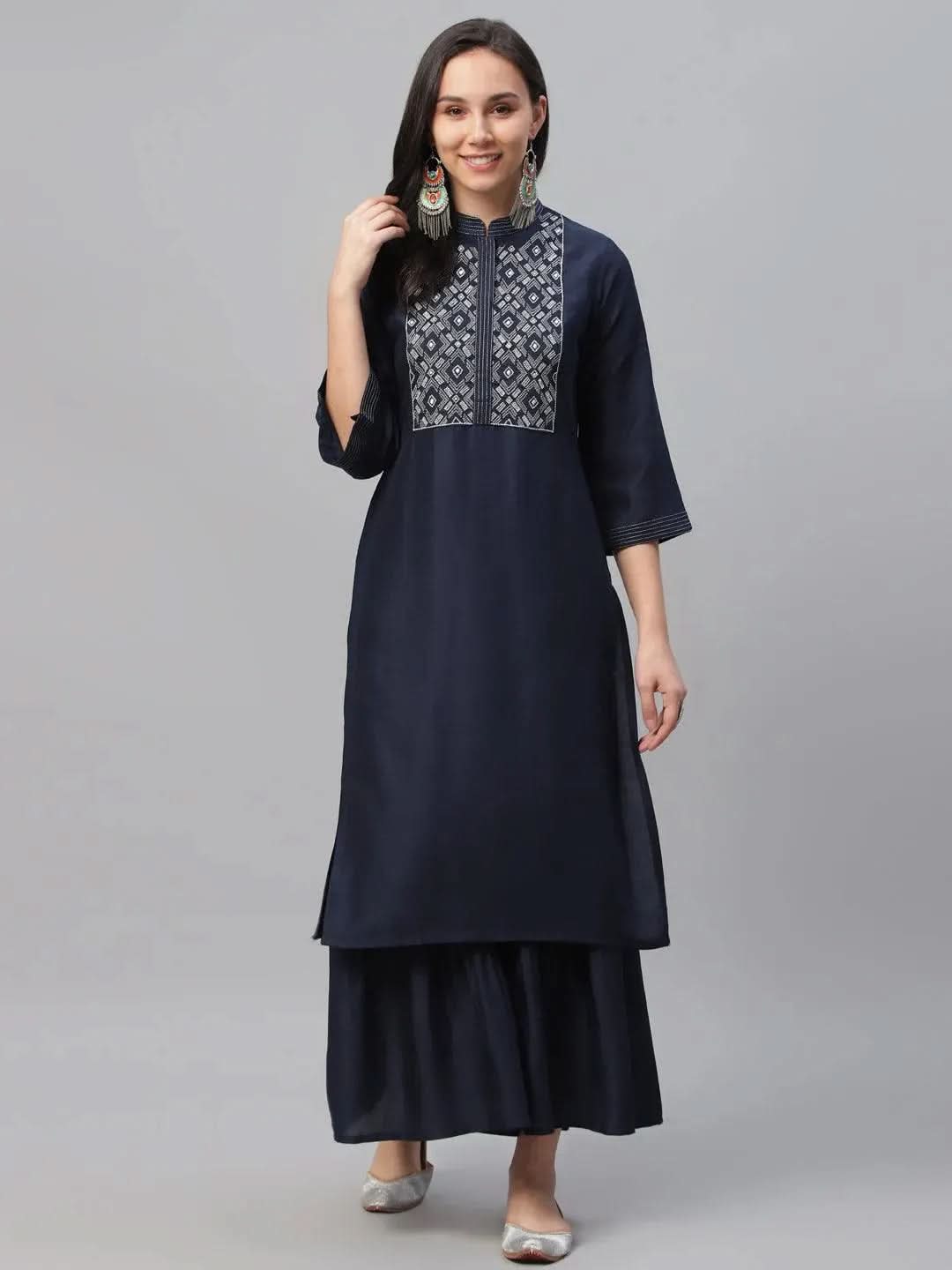 Blue Embroidered Crepe Kurta - Libas