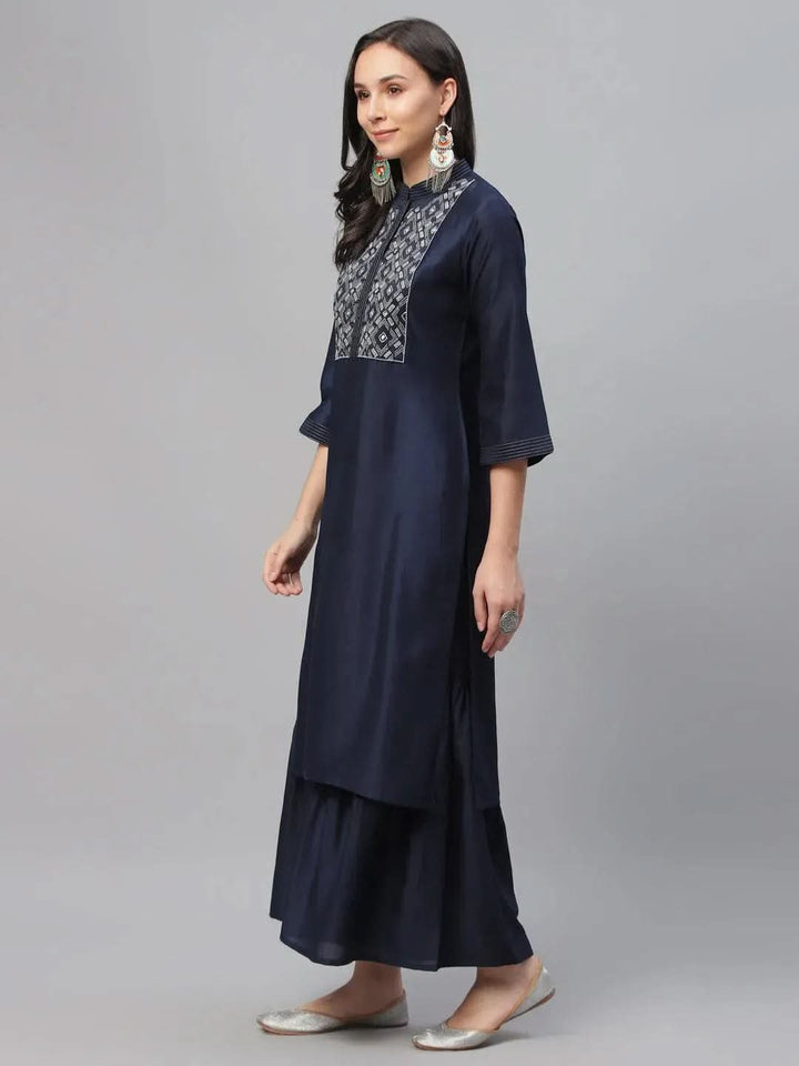 Blue Embroidered Crepe Kurta - Libas