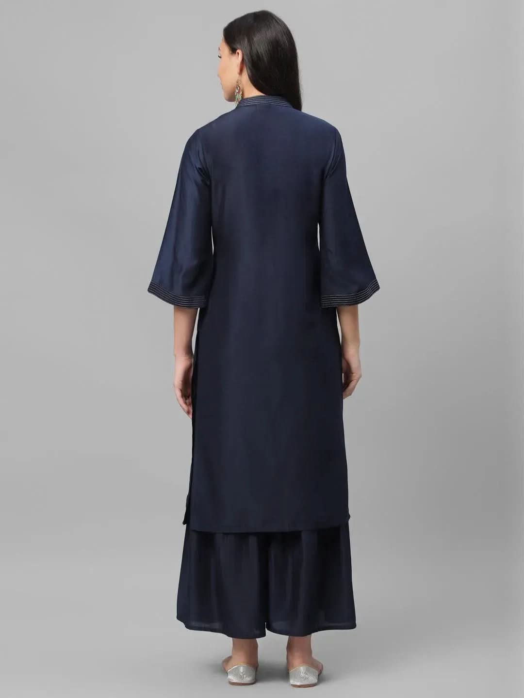 Blue Embroidered Crepe Kurta - Libas