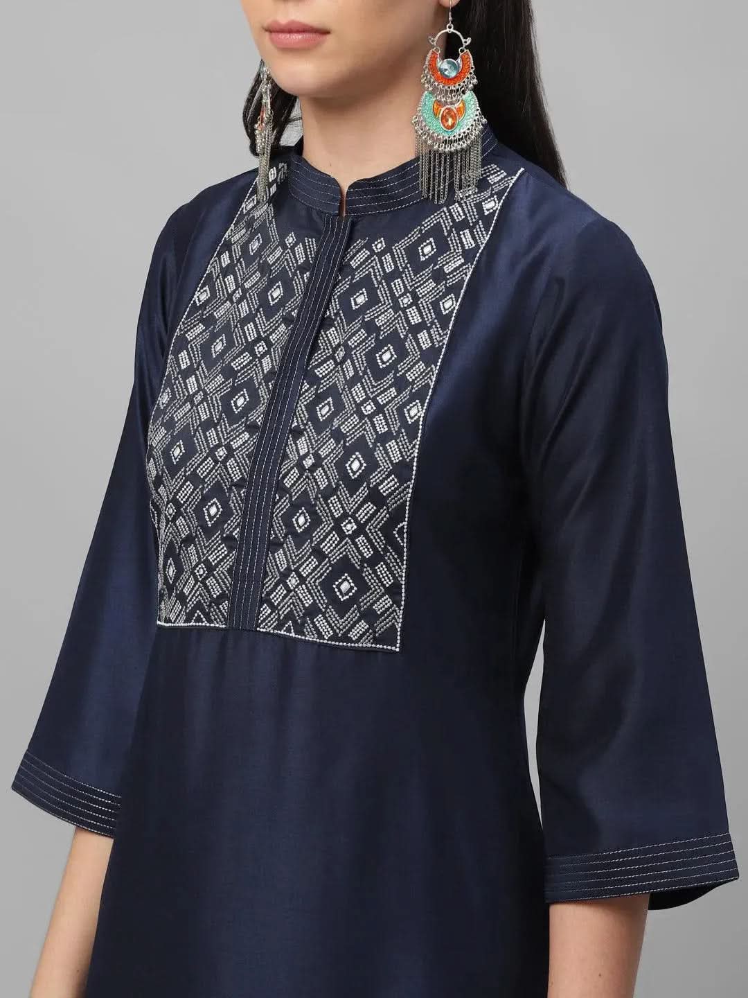 Blue Embroidered Crepe Kurta - Libas