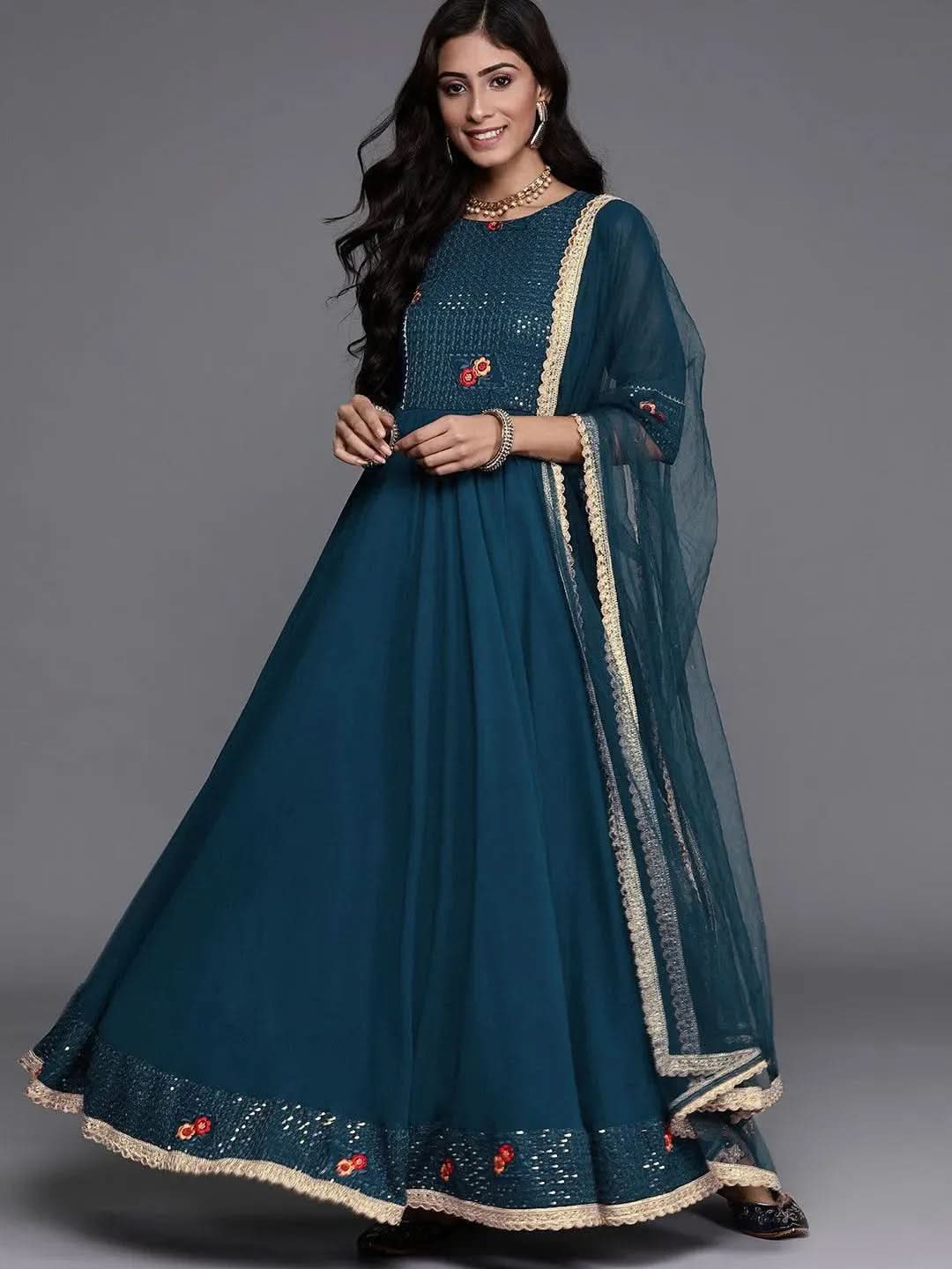 Blue Embroidered Georgette A-Line Kurta With Churidar & Dupatta
Blue Embroidered Georgette A-Line Kurta With Churidar & Dupatta
