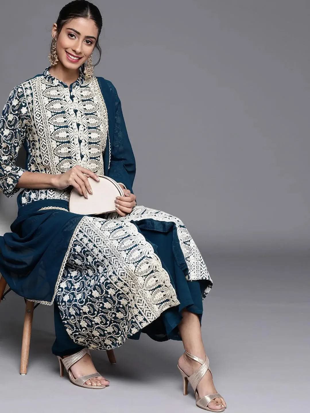 Blue Embroidered Georgette Suit Set - Libas