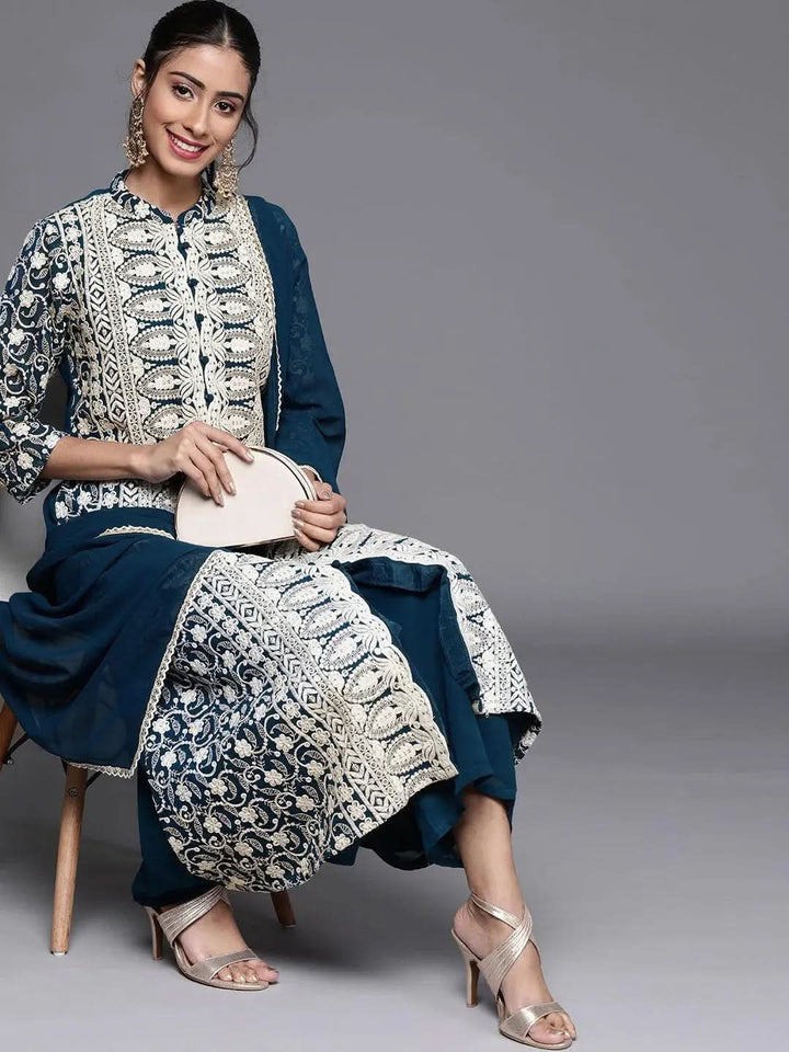 Blue Embroidered Georgette Suit Set - Libas