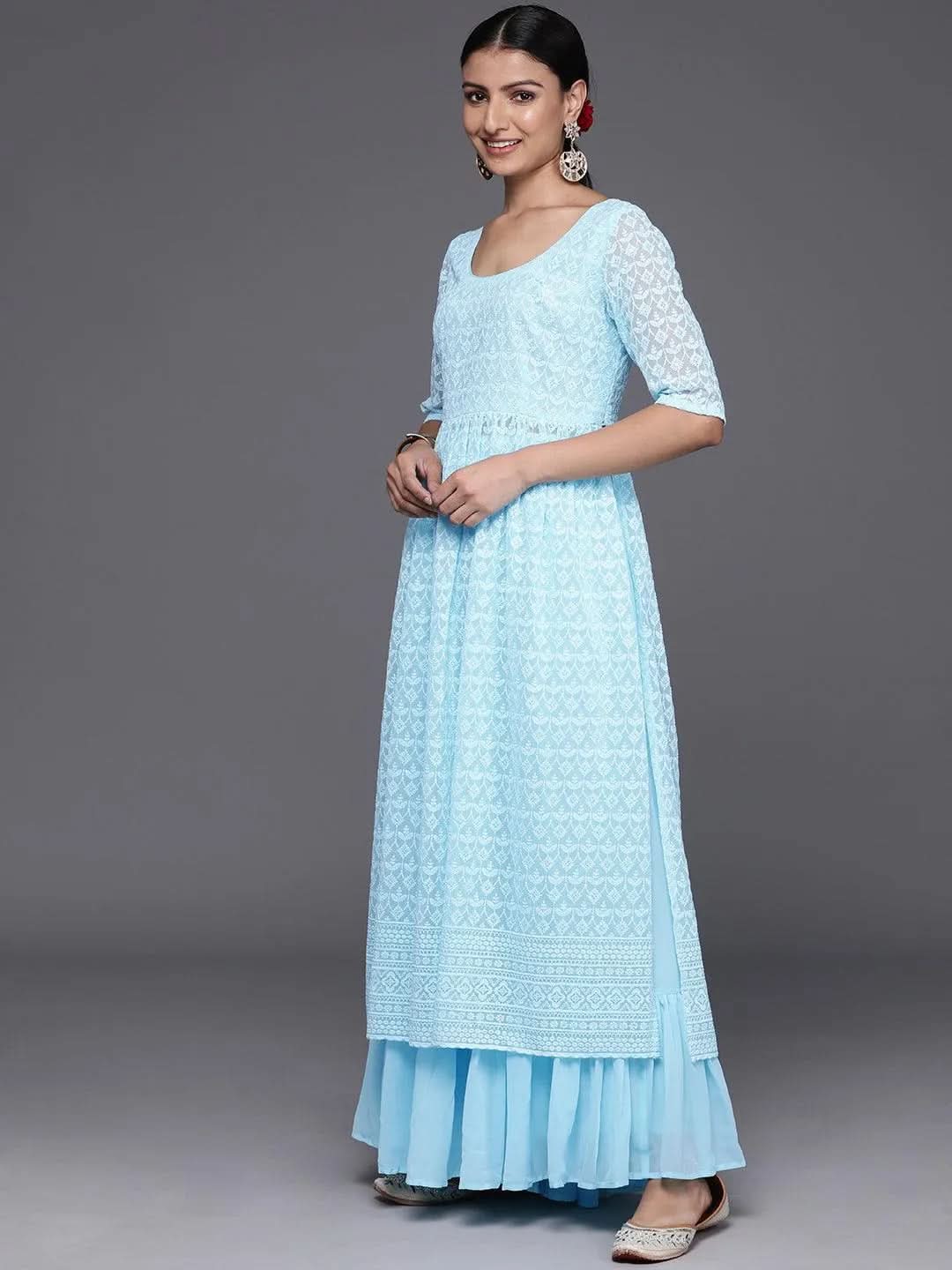 Blue Embroidered Georgette A-Line Kurta With Palazzos & Dupatta - Libas