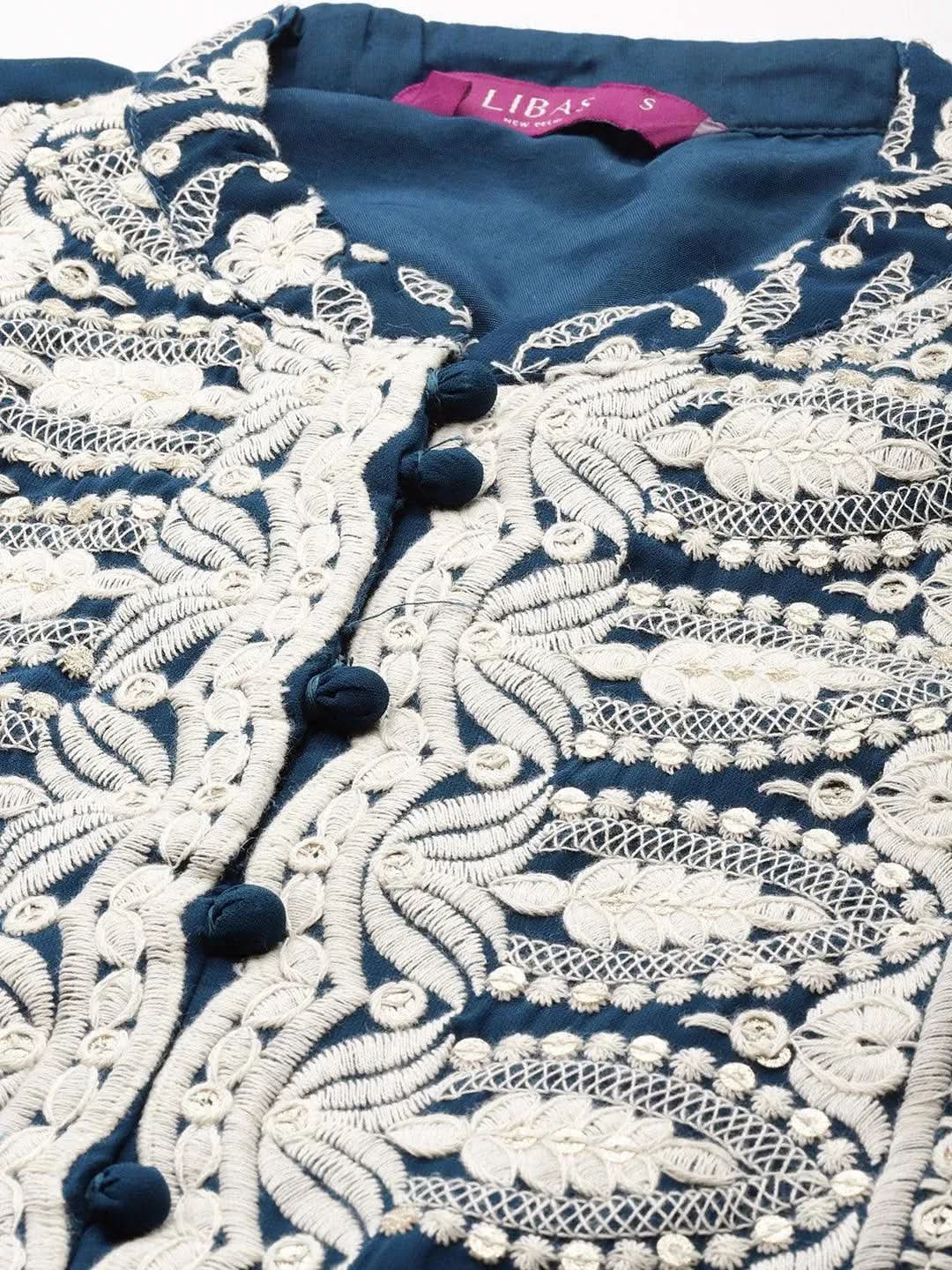 Blue Embroidered Georgette Suit Set - Libas