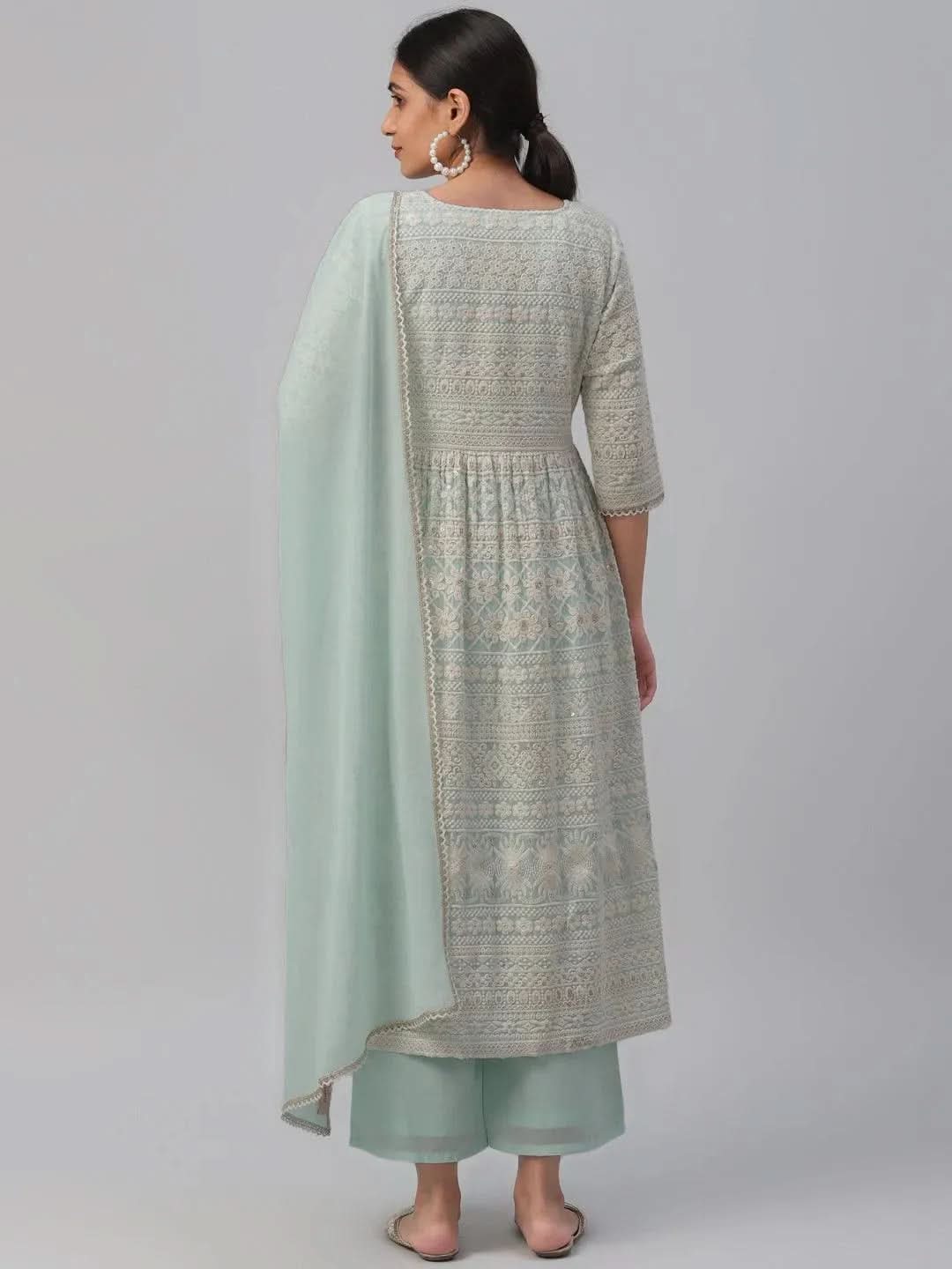 Blue Embroidered Georgette Anarkali Kurta With Palazzos & Dupatta
Blue Embroidered Georgette Anarkali Kurta With Palazzos & Dupatta