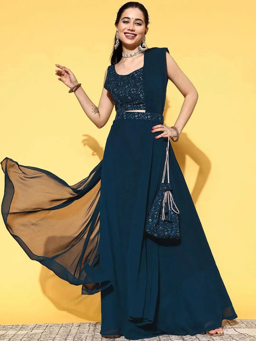 Blue Embroidered Georgette Lehenga Set - Libas