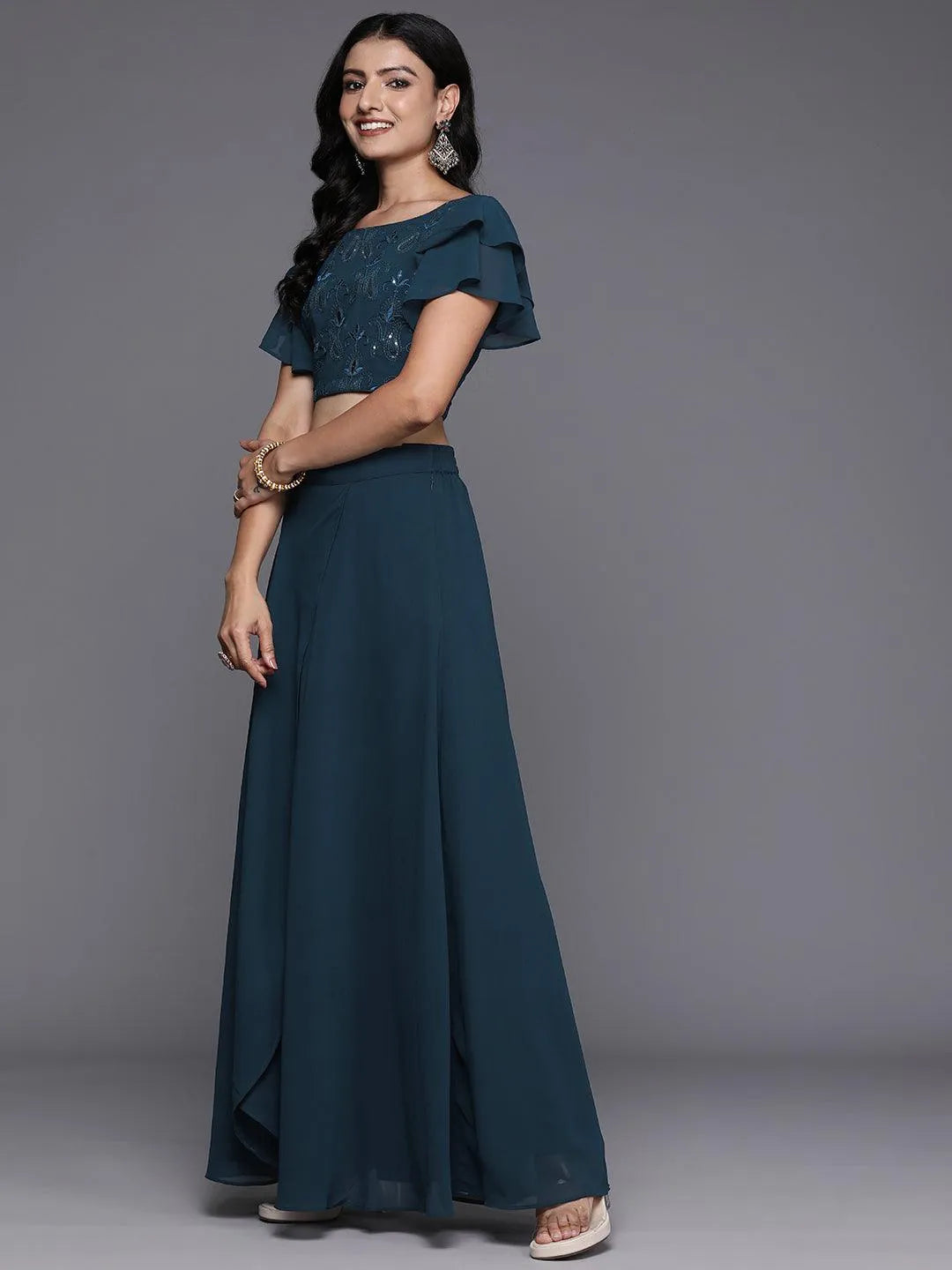 Blue Embroidered Georgette Lehenga Set - Libas