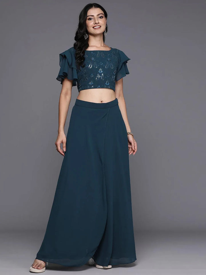 Blue Embroidered Georgette Lehenga Set - Libas