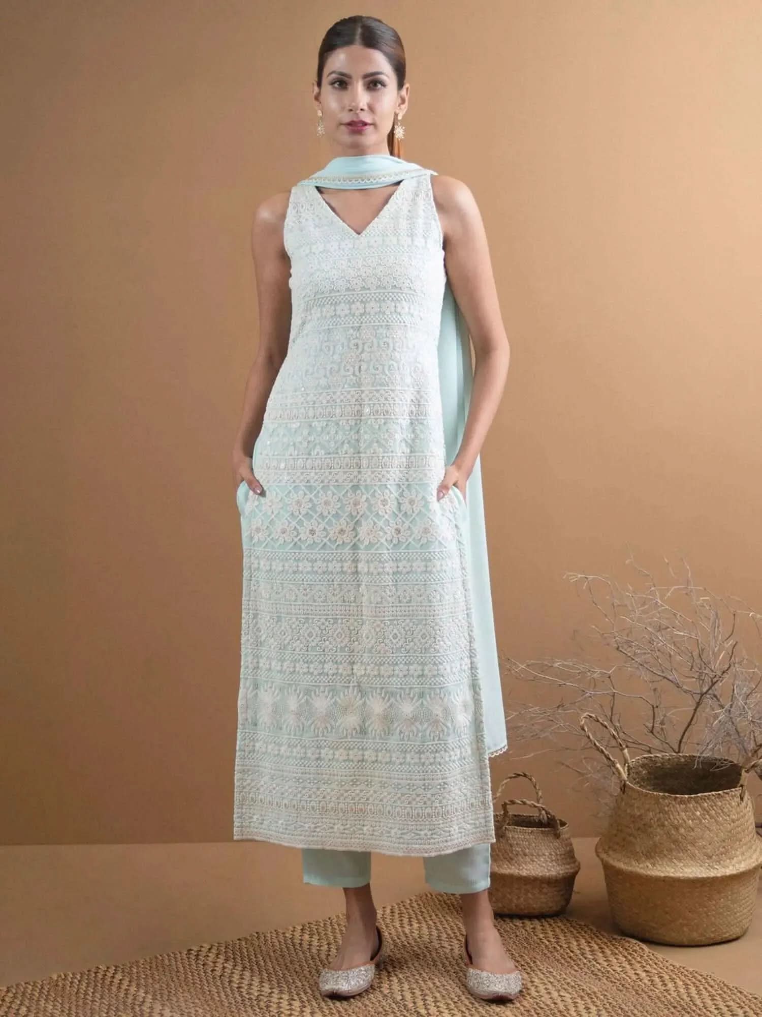 Blue Embroidered Georgette A-Line Kurta With Trousers & Dupatta