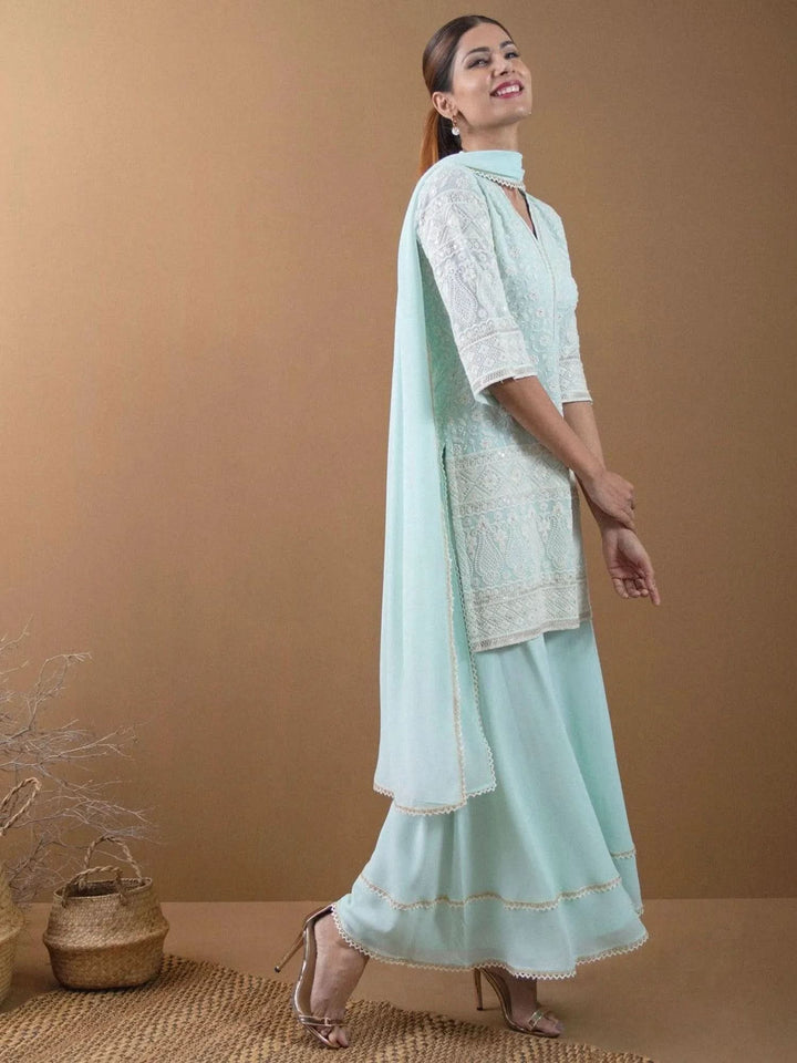 KASHVI Blue Embroidered Georgette Suit Set - Libas