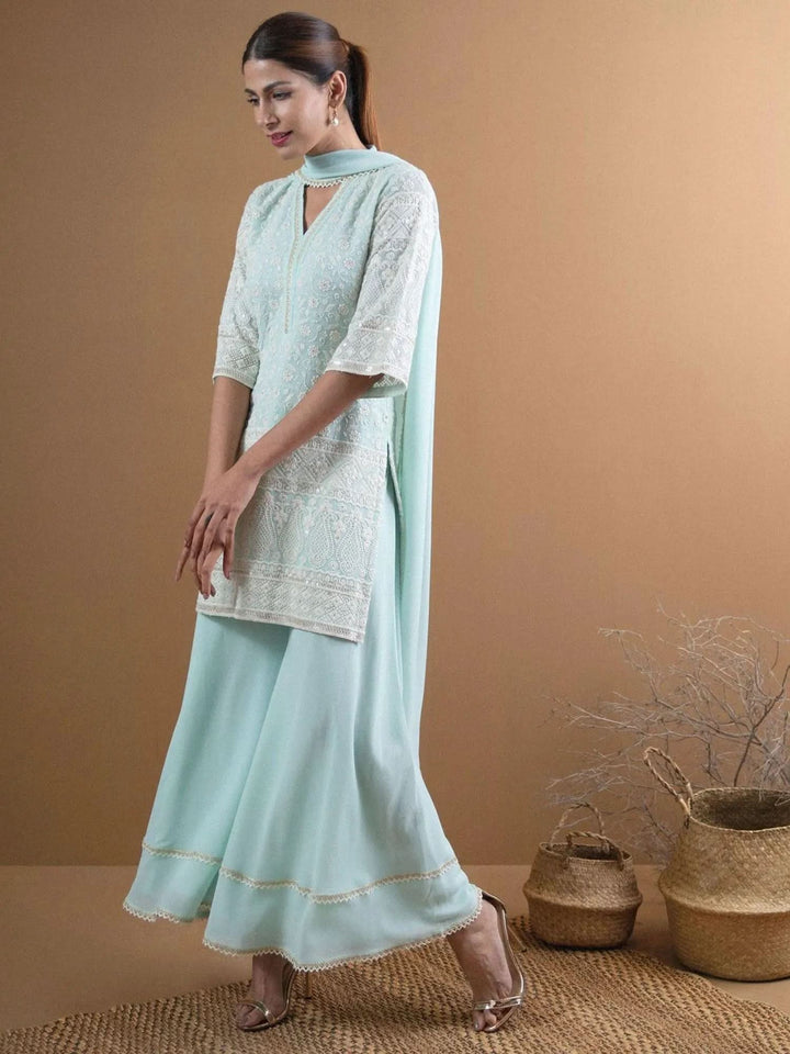 KASHVI Blue Embroidered Georgette Suit Set - Libas