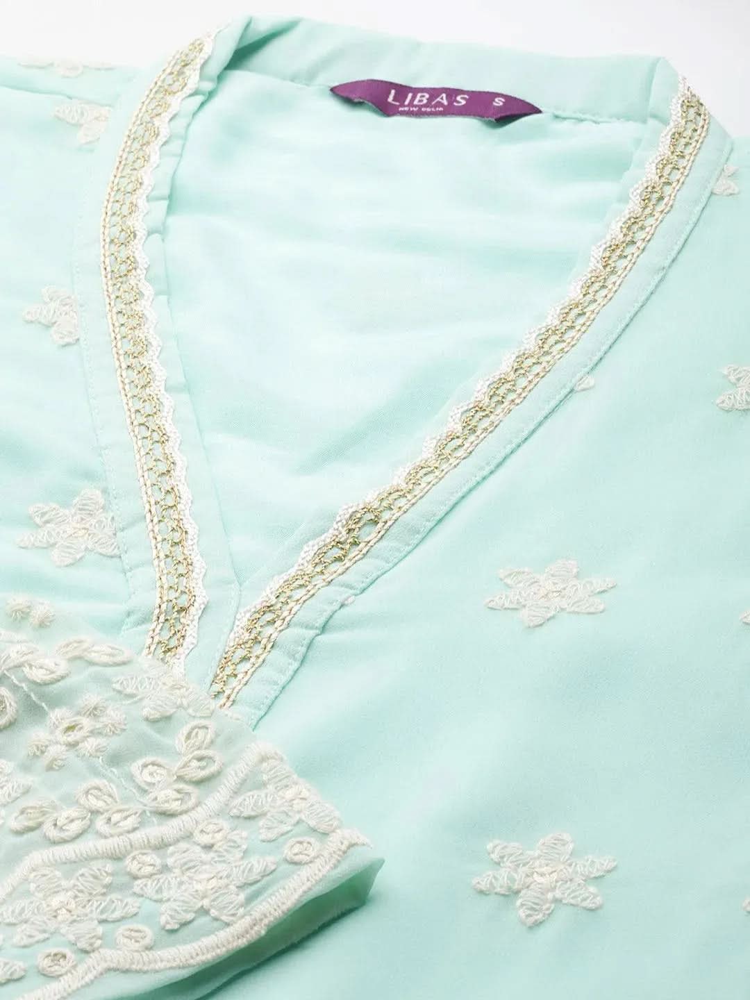 Blue Embroidered Georgette Suit Set - Libas
