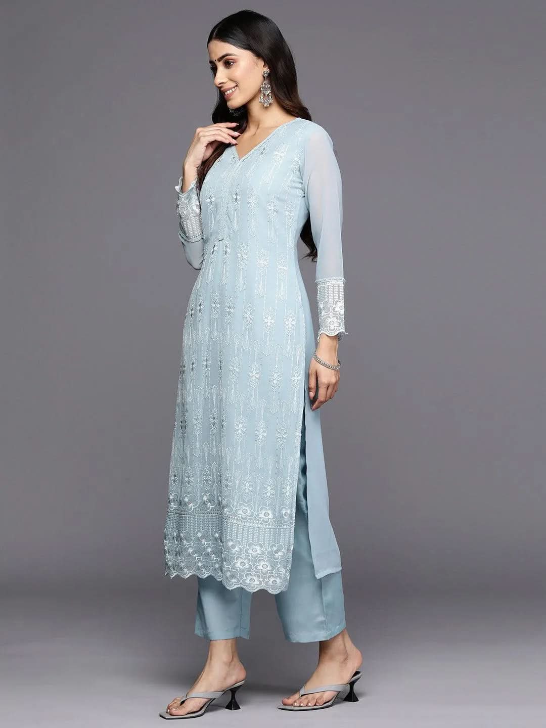 Blue Embroidered Georgette Straight Suit Set With Trousers - Libas