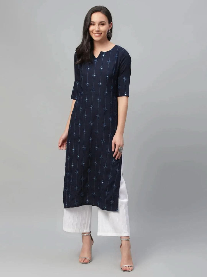 Blue Embroidered Rayon Kurta - Libas