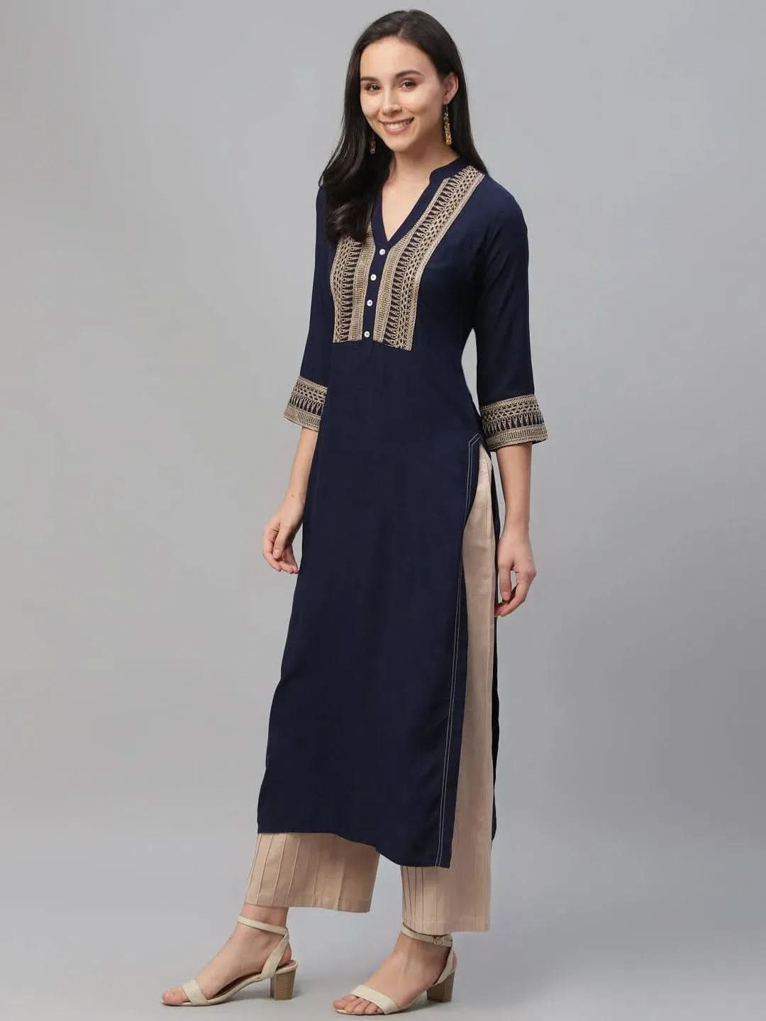Blue Embroidered Rayon Kurta - Libas