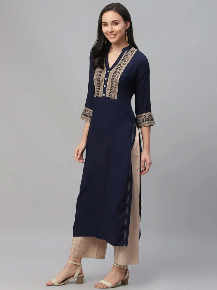 Blue Embroidered Rayon Kurta - Libas
