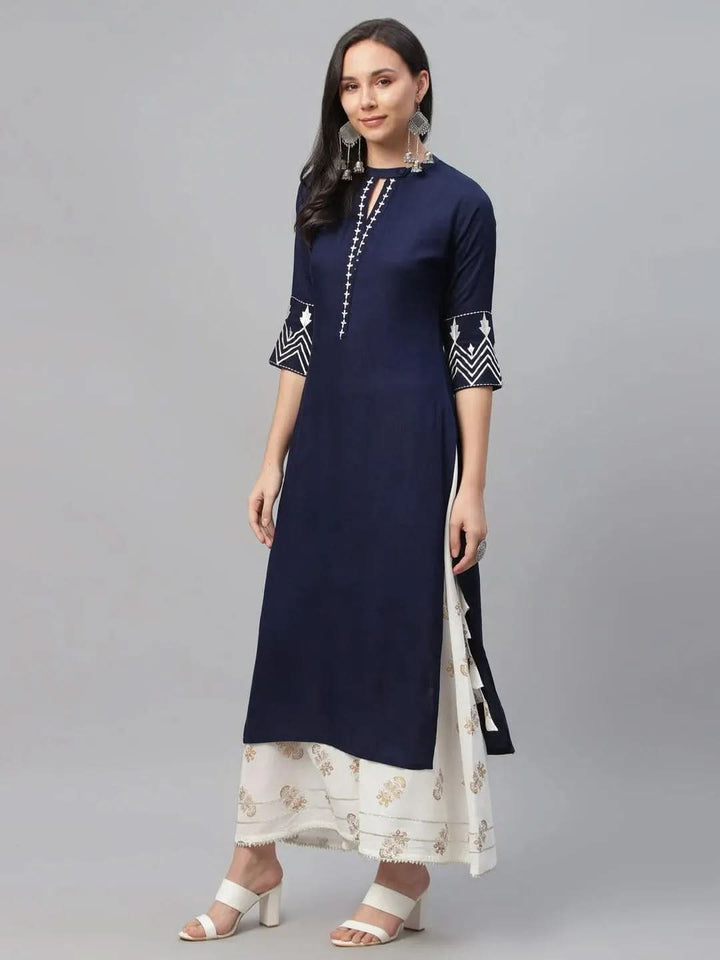 Blue Embroidered Rayon Kurta - Libas