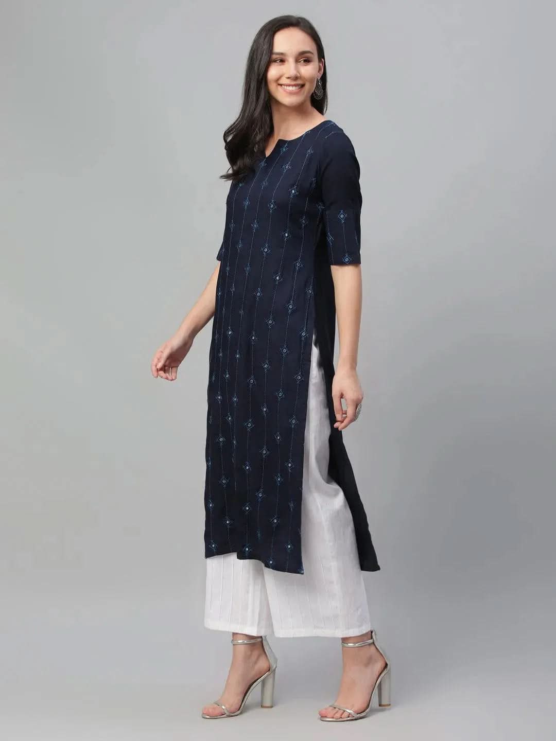 Blue Embroidered Rayon Kurta - Libas