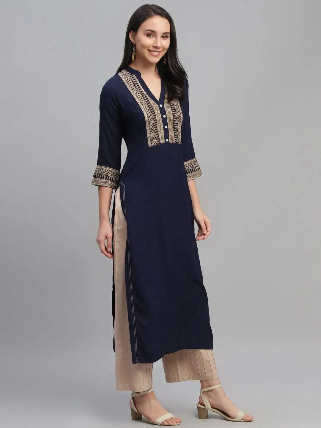Blue Embroidered Rayon Kurta - Libas