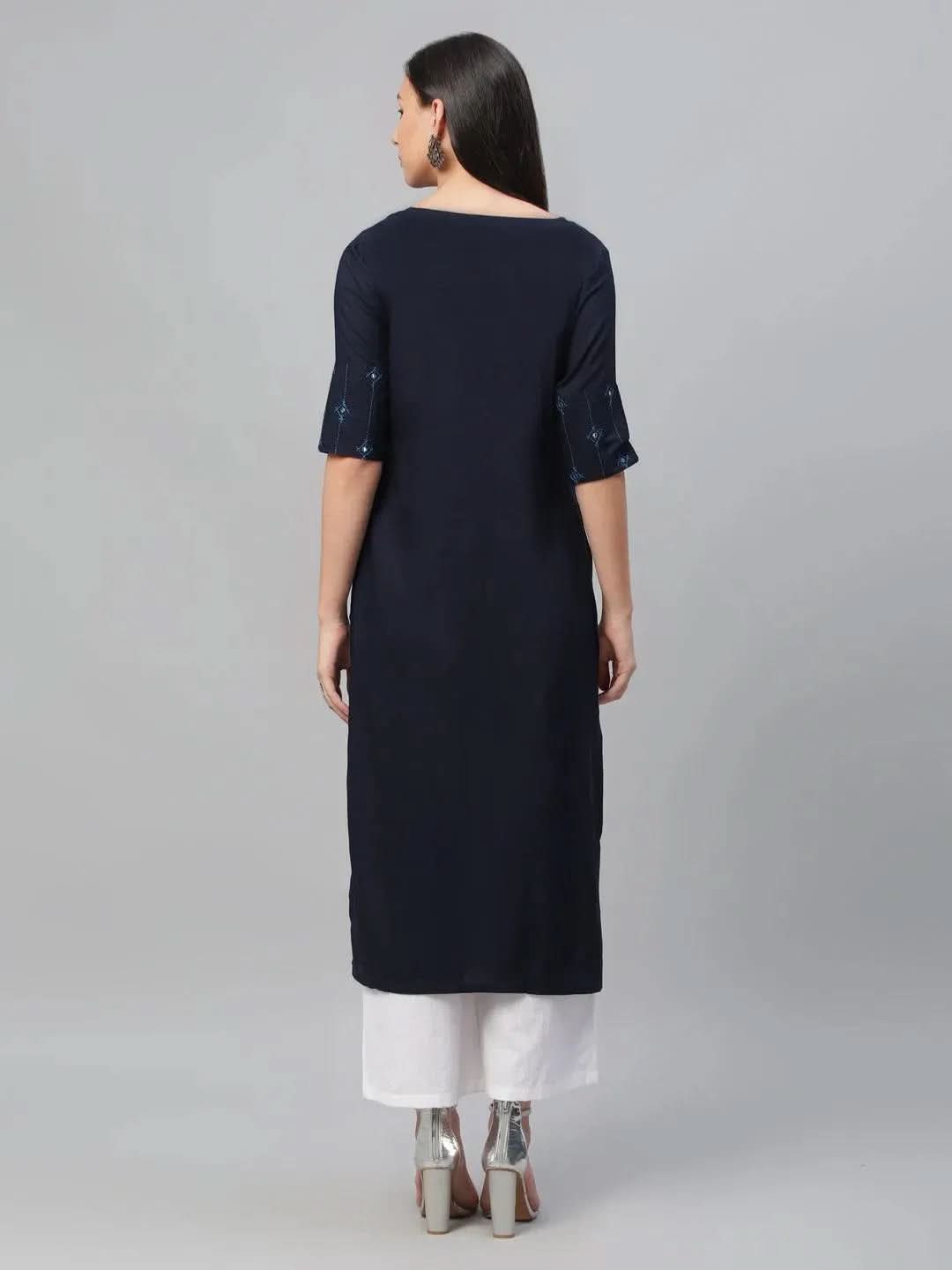 Blue Embroidered Rayon Kurta - Libas