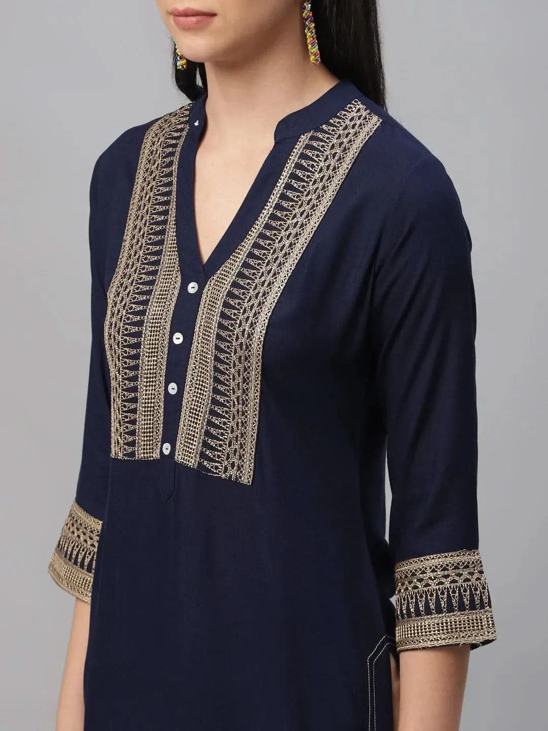 Blue Embroidered Rayon Kurta - Libas