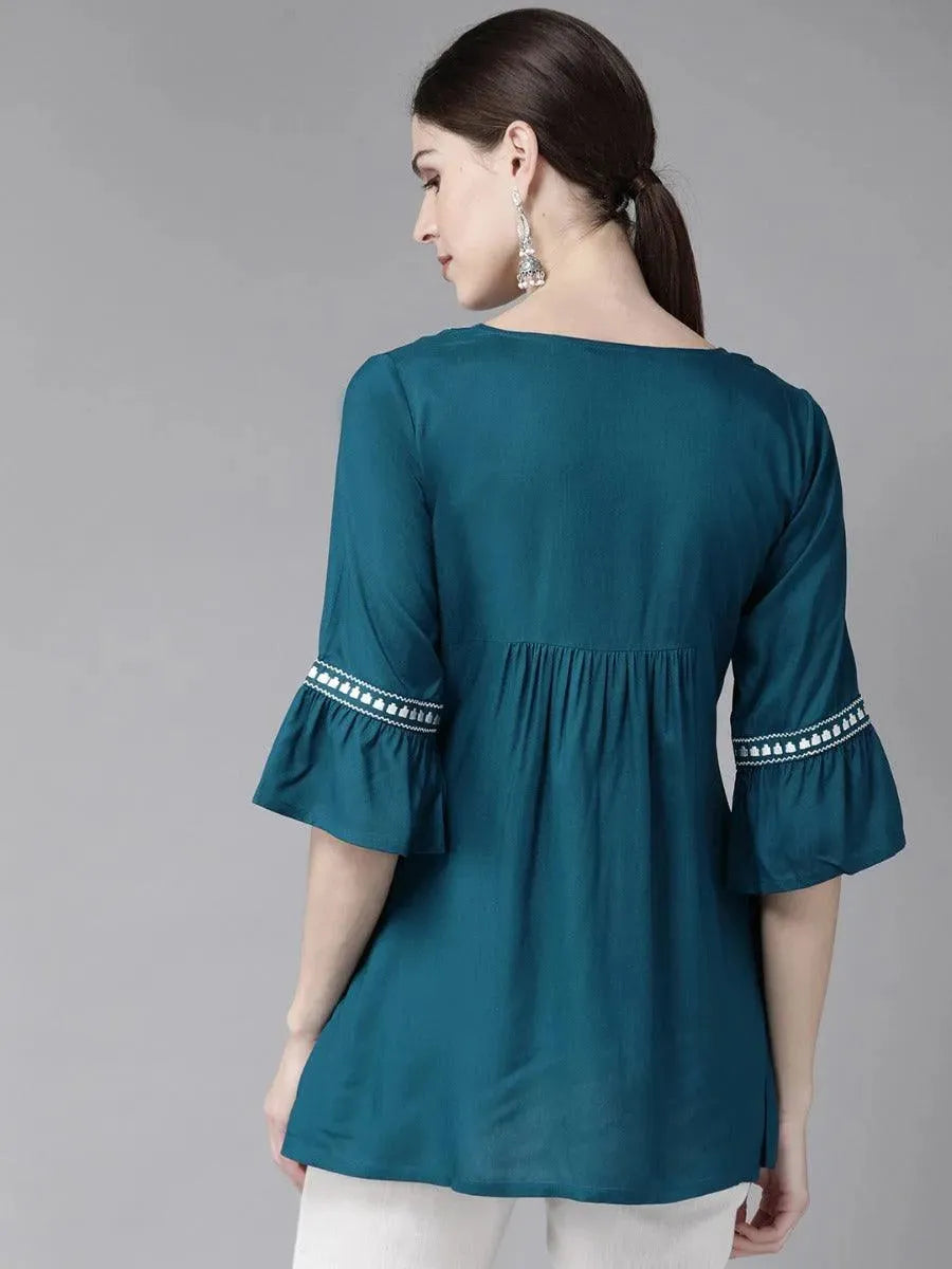 Blue Embroidered Rayon Kurti - Libas