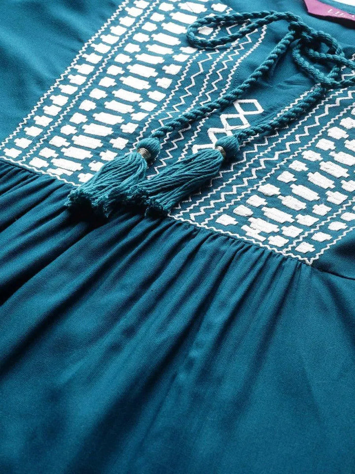 Blue Embroidered Rayon Kurti - Libas
