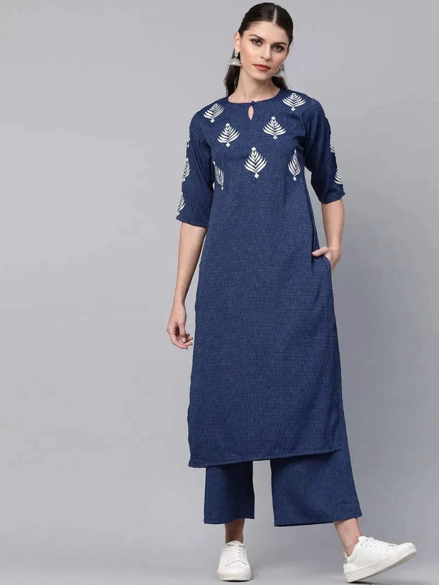 Blue Embroidered Rayon Straight Kurta With Palazzos
Blue Embroidered Rayon Straight Kurta With Palazzos