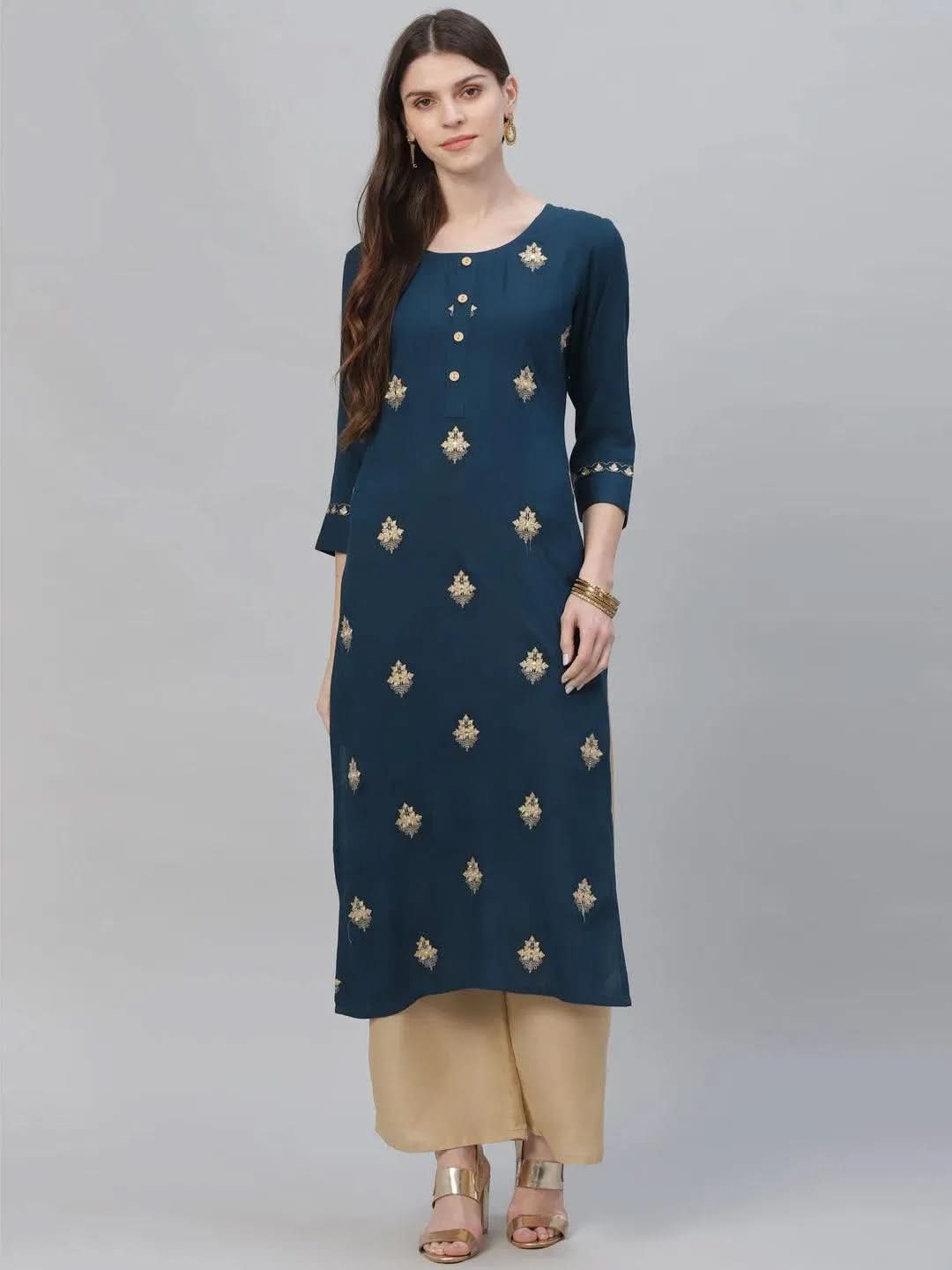 Blue Embroidered Rayon Kurta Set - Libas