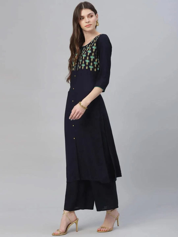 Blue Embroidered Rayon Kurta Set - Libas