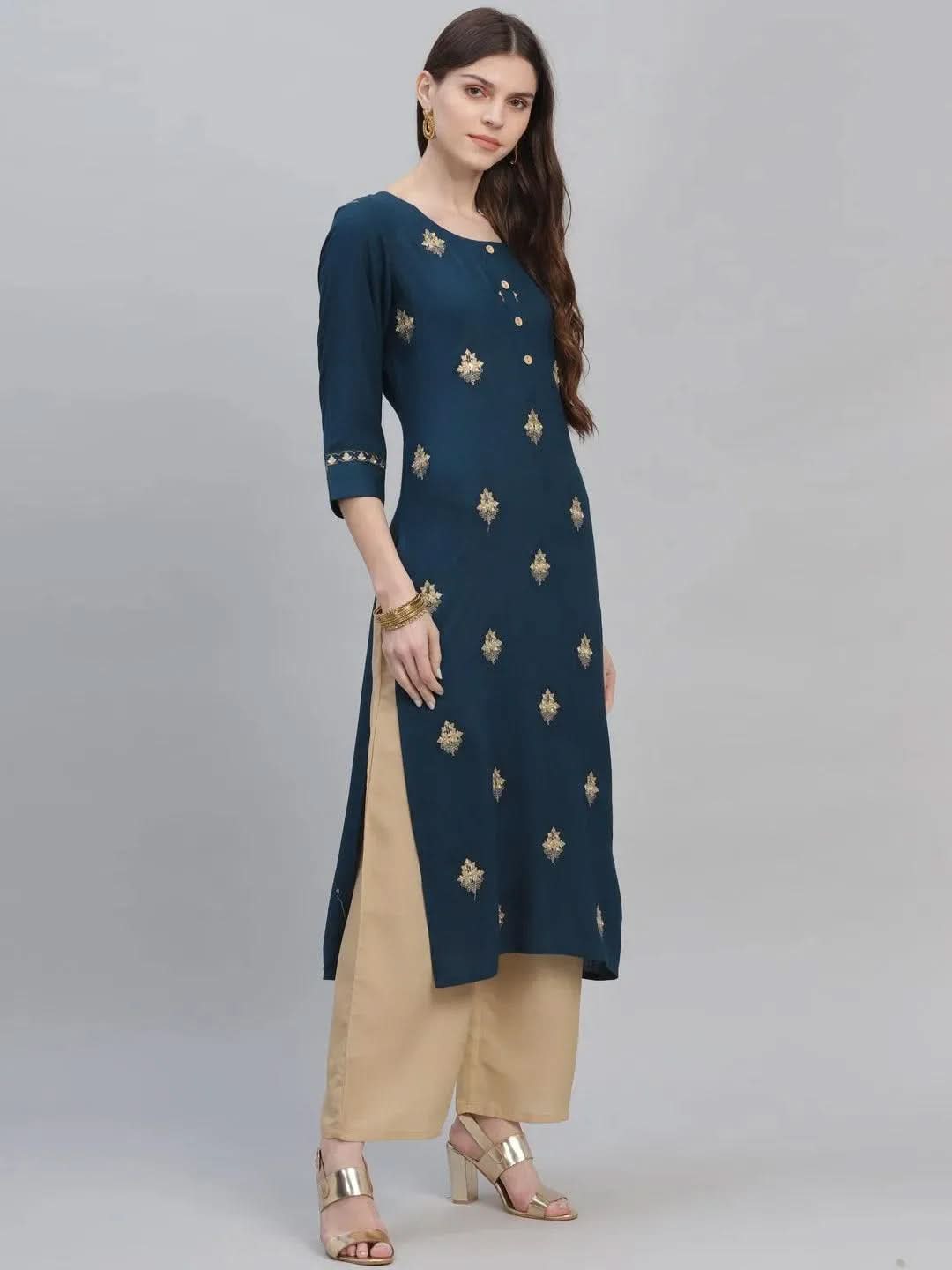 Blue Embroidered Rayon Kurta Set - Libas