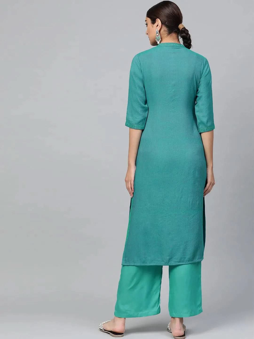 Blue Embroidered Rayon Straight Kurta With Palazzos
Blue Embroidered Rayon Straight Kurta With Palazzos