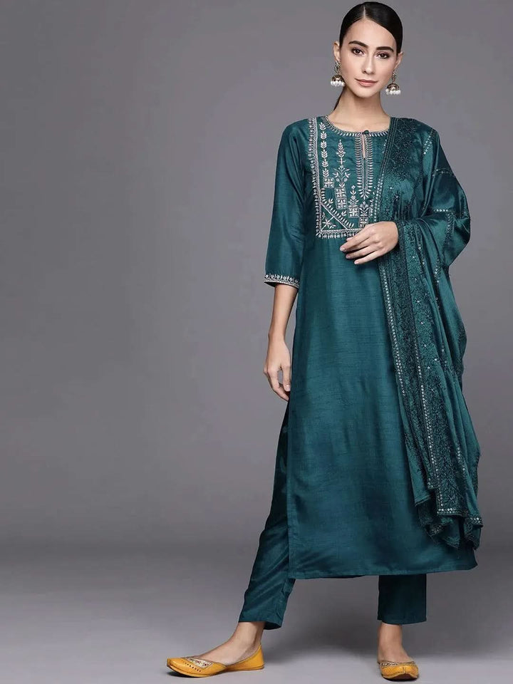 Blue Embroidered Silk Blend Suit Set - Libas