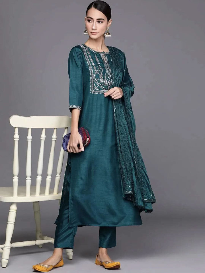 Blue Embroidered Silk Blend Suit Set - Libas