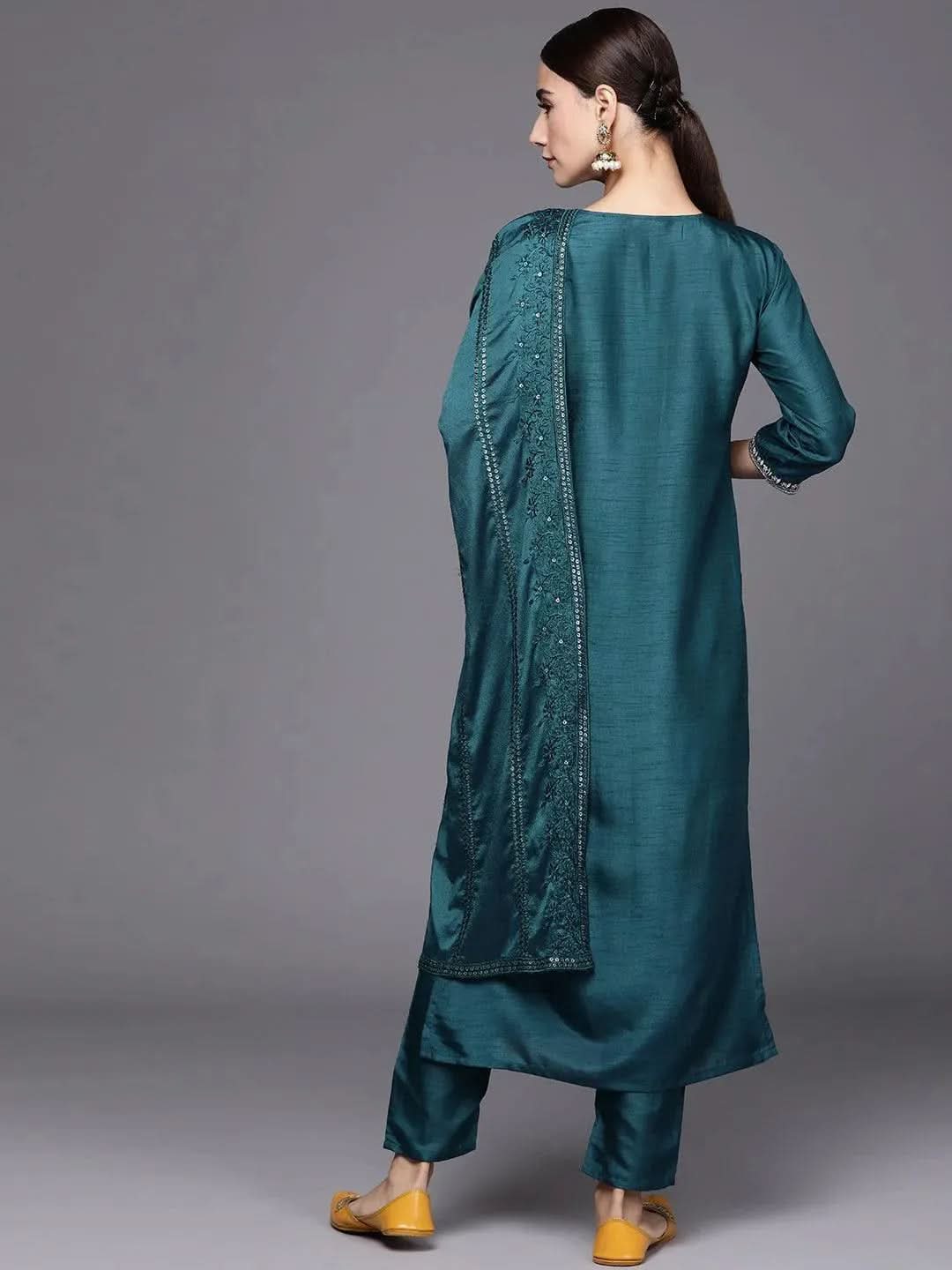 Blue Embroidered Silk Blend Suit Set - Libas