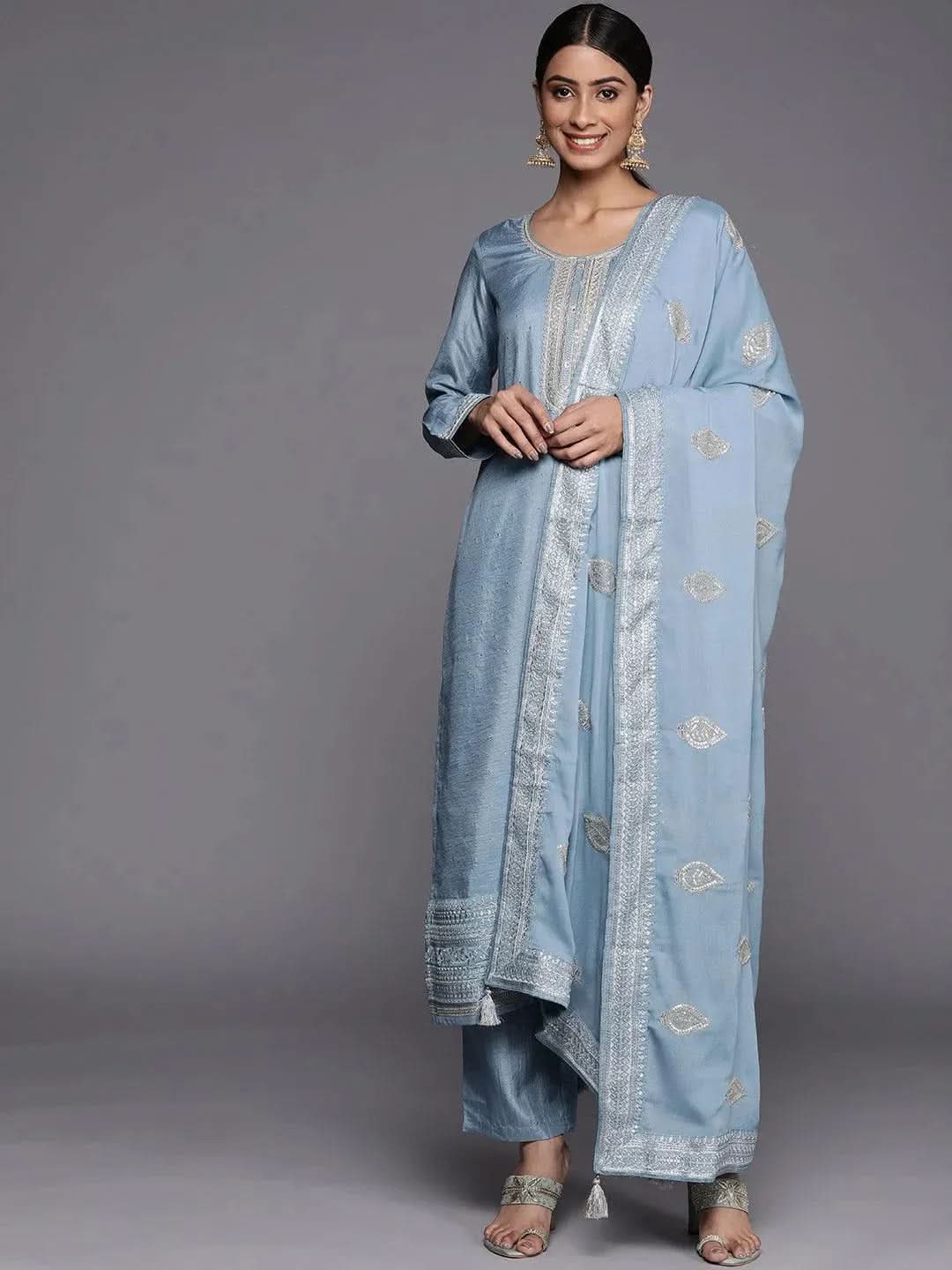 Blue Embroidered Silk Blend Straight Kurta With Trousers & Dupatta
Blue Embroidered Silk Blend Straight Kurta With Trousers & Dupatta