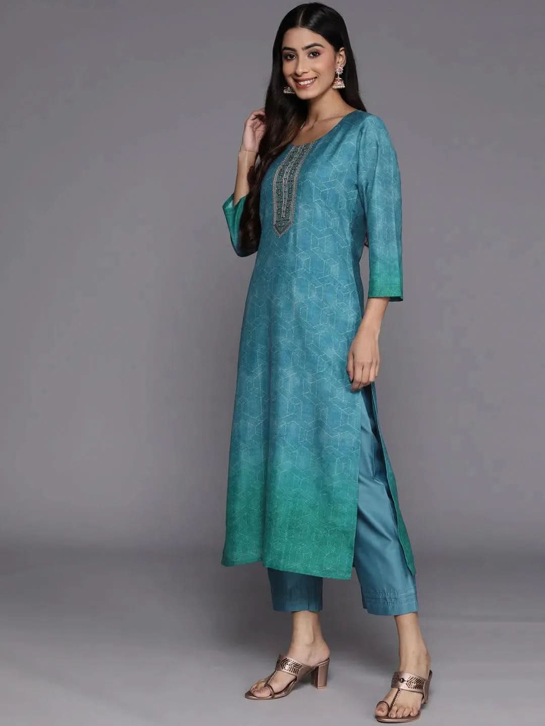 Blue Embroidered Silk Blend Suit Set With Trousers - Libas