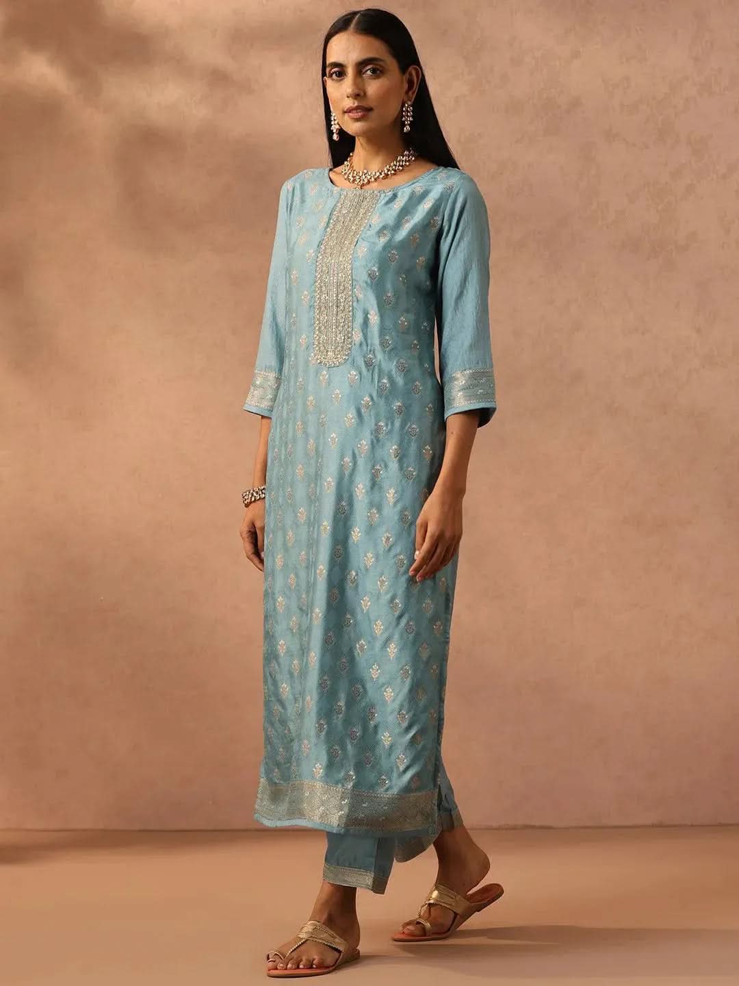 Blue Embroidered Silk Blend Suit Set With Trousers - Libas
