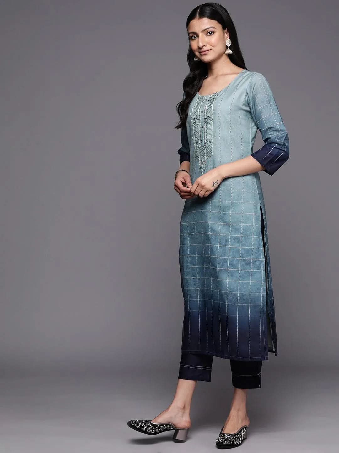 Blue Embroidered Silk Blend Straight Suit Set With Trousers - Libas