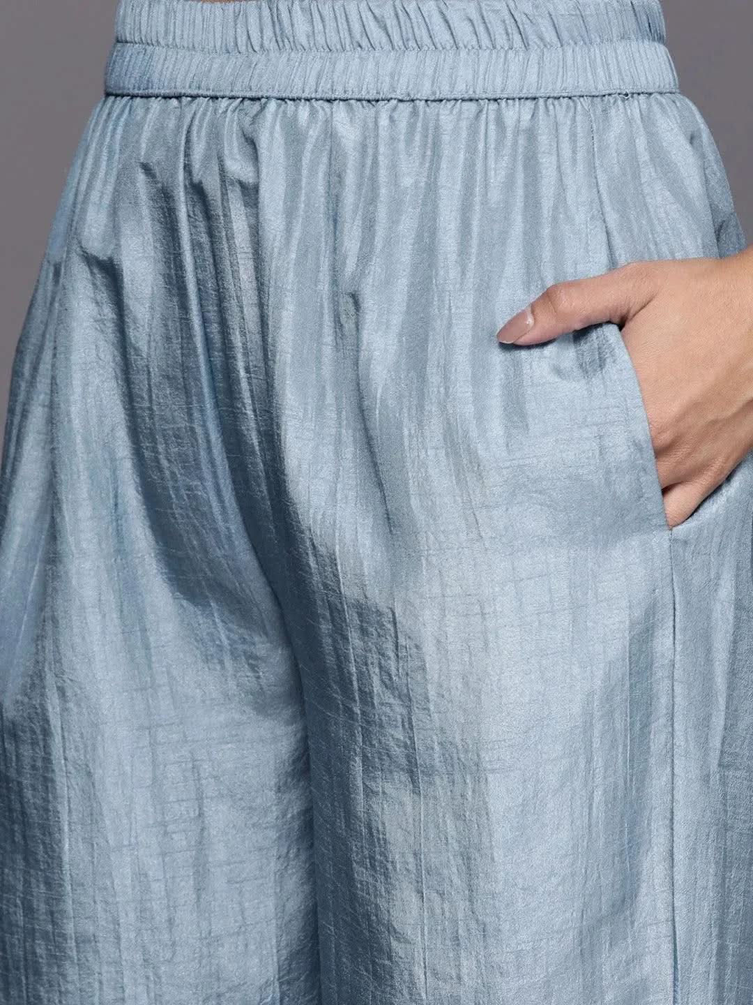 Blue Embroidered Silk Blend Straight Suit Set - Libas