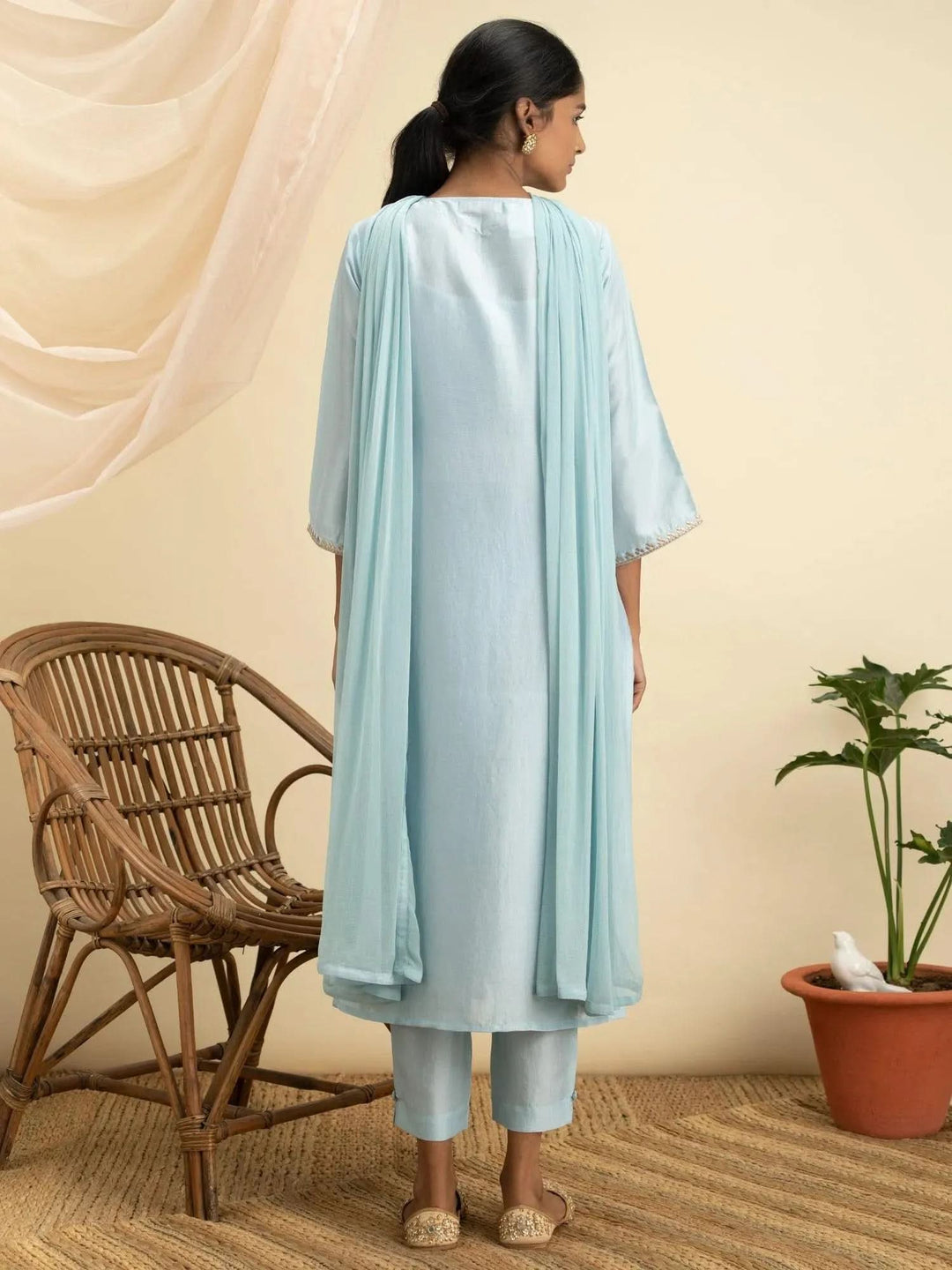 Blue Embroidered Silk Suit Set - Libas