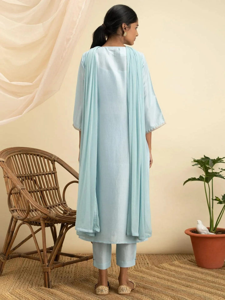 Blue Embroidered Silk Suit Set - Libas