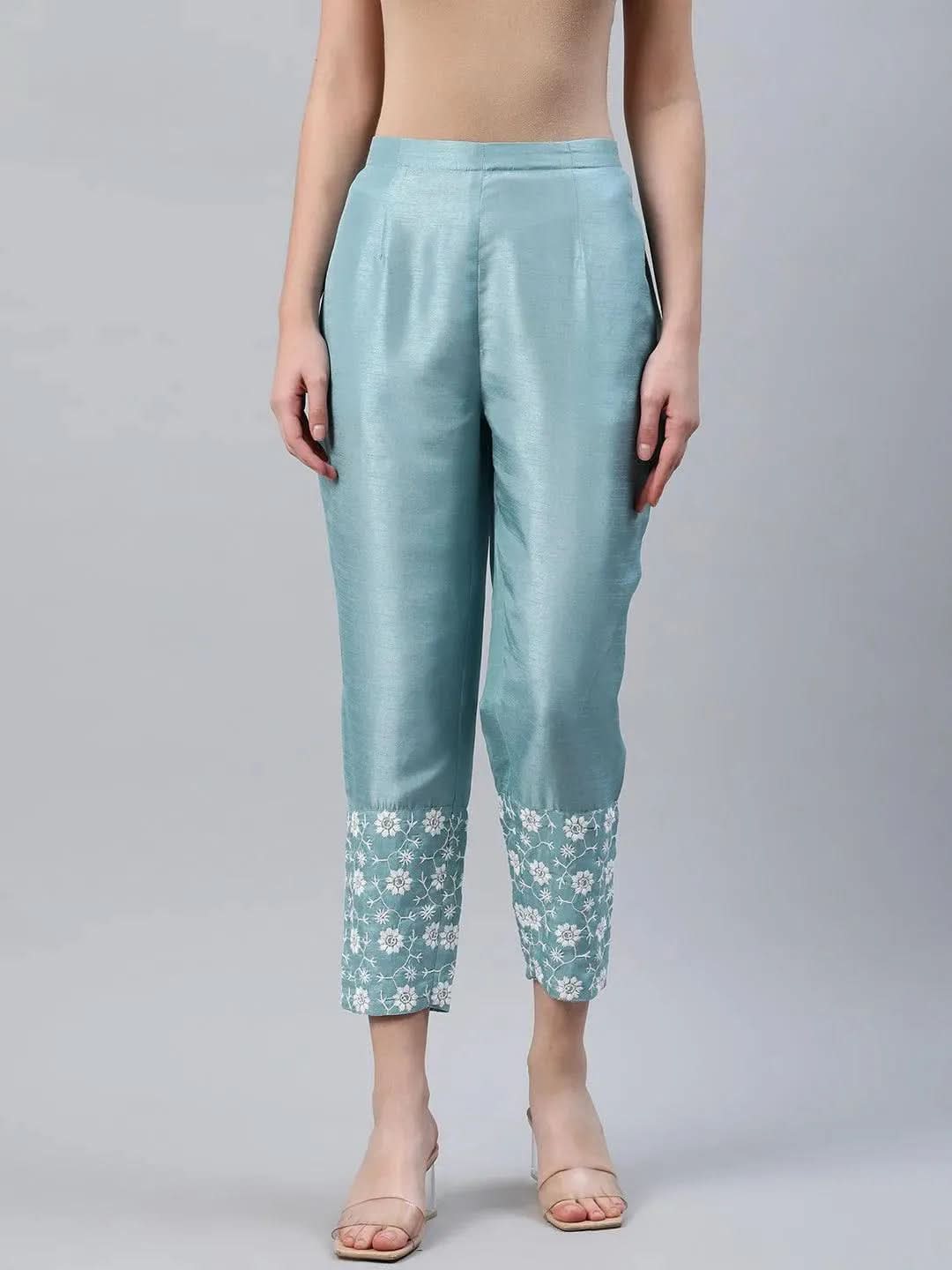 Blue Embroidered Silk Trousers - Libas