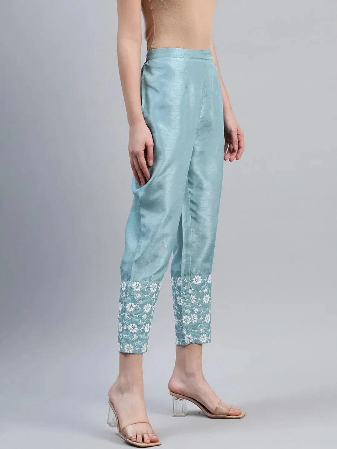 Blue Embroidered Silk Trousers - Libas