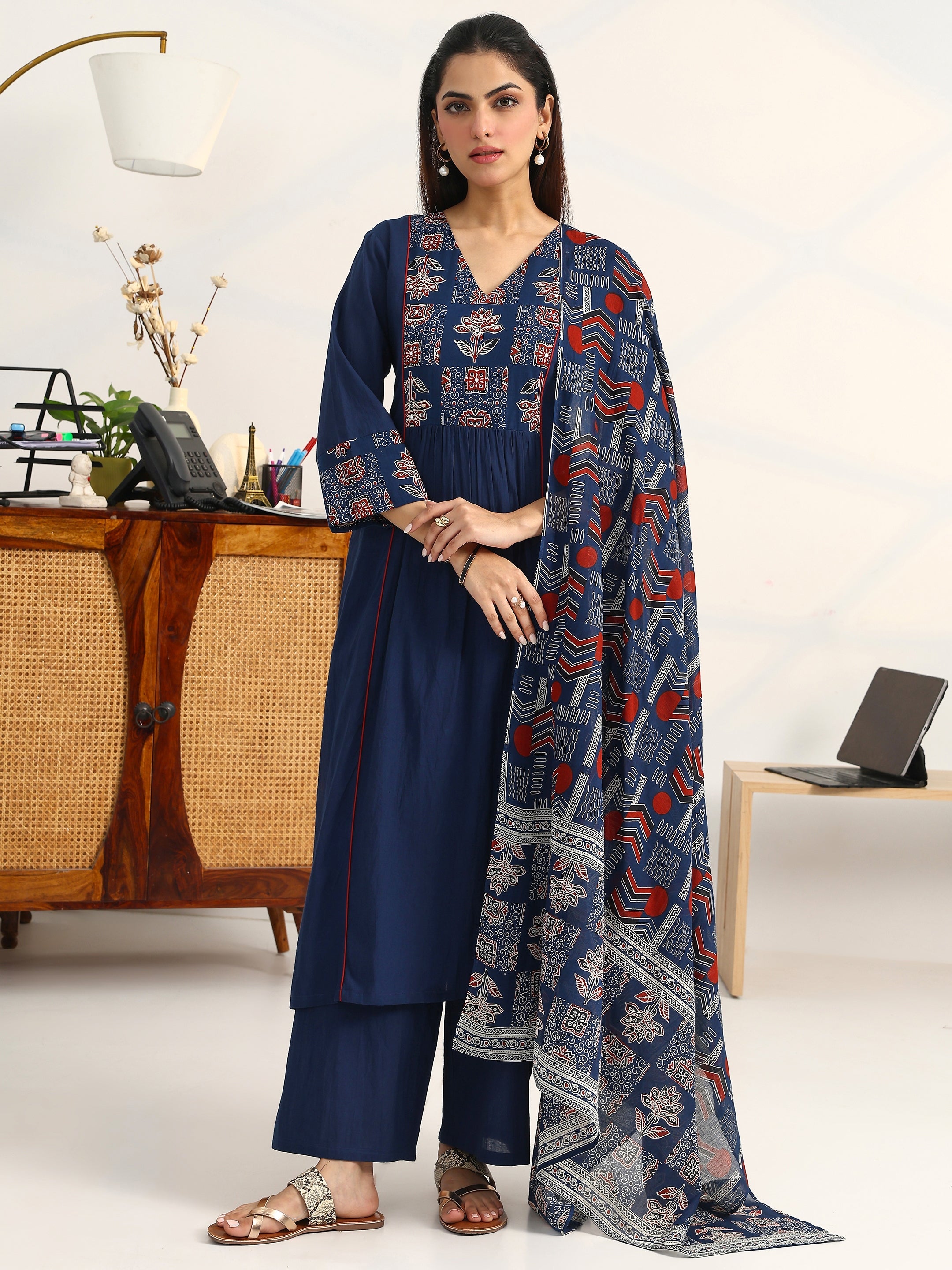 Dress Neck Designs Cotton Churidar Top Designs Libas Blue Ethnic Motifs Cotton Blend Suit Set A