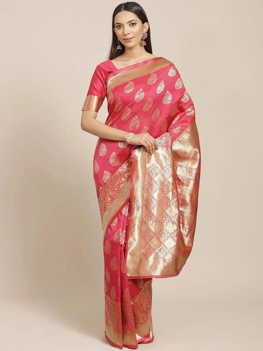 Blue Printed Brocade Saree - Libas