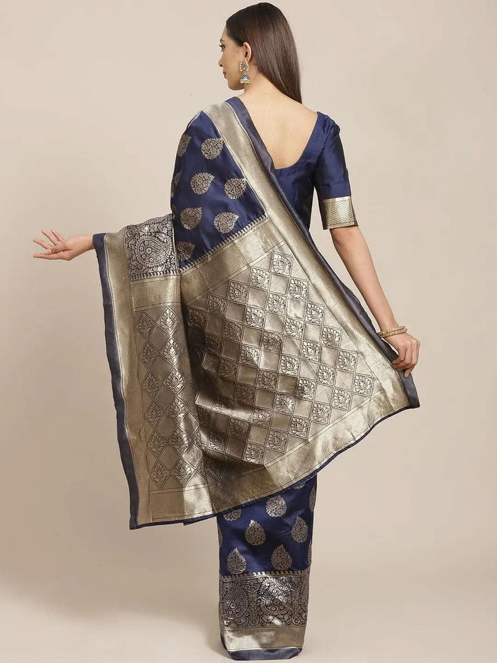 Blue Printed Brocade Saree - Libas